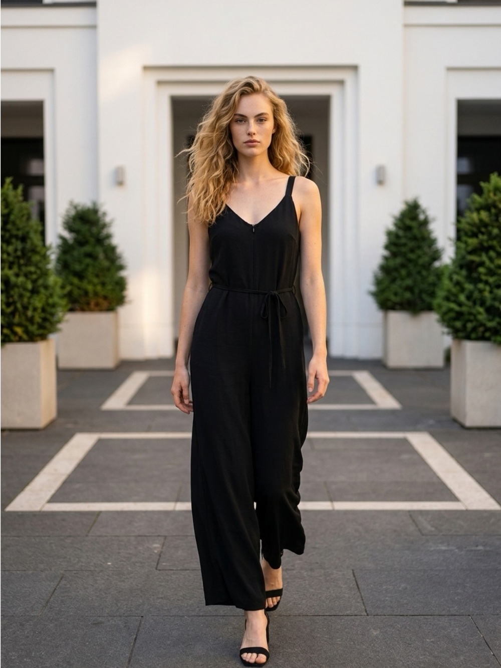 Vince Black V-Neck Tie-Waist Wide-Leg Jumpsuit